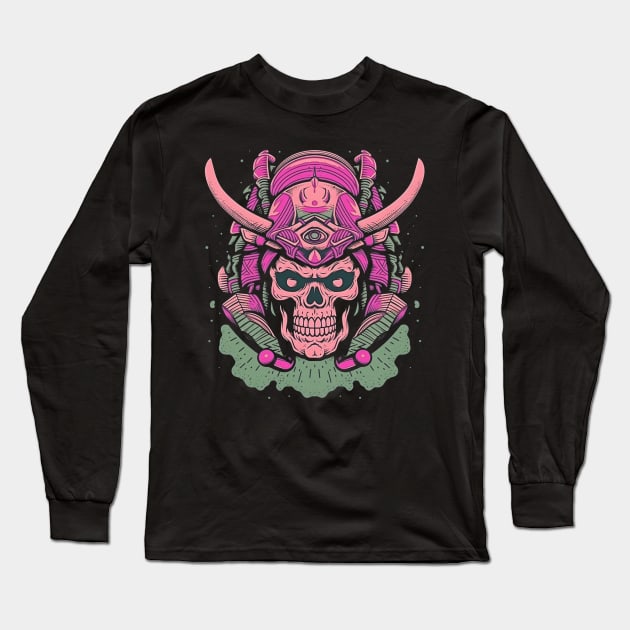 Skull Samurai Pink Retro Color Long Sleeve T-Shirt by TOKEBI